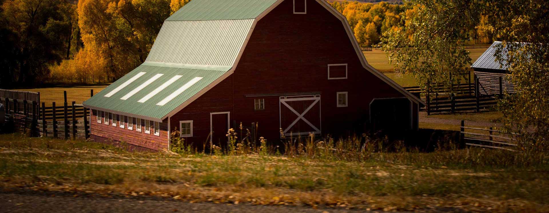 red barn with green roof surrounded with trees in the distance during fall